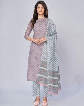 floral print a-line kurta with pants and dupatta