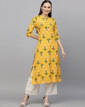 floral print a-line kurta with roll-up sleeves