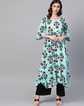 floral print a-line kurta with ruffled hemline