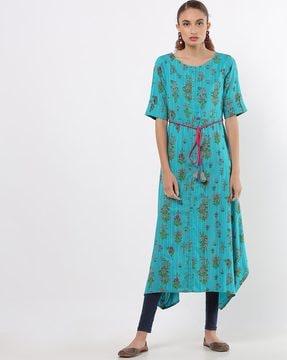 floral print a-line kurta with tie-up