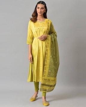 floral print a-line kurta with tights & dupatta