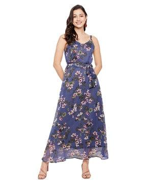 floral print a-line maxi dress with waist tie-up