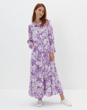 floral print a-line shirt dress with insert pocket