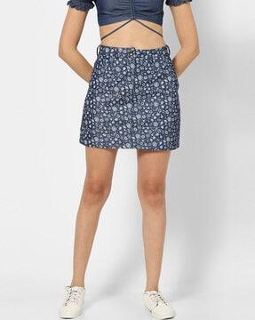 floral print a-line skirt with button closure