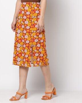 floral print a-line skirt with front-slit