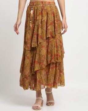 floral print a-line skirt with tassels