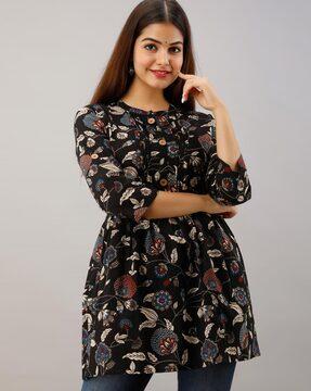 floral print a-line top with pintucks