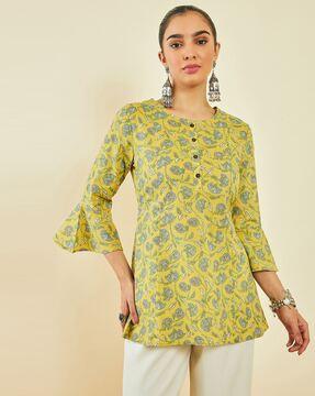 floral print a-line tunic with bell sleeves