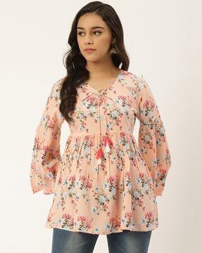 floral print a-line tunic with tie-up