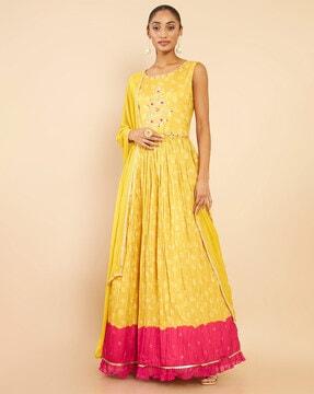 floral print anarkali dress with pant & dupatta