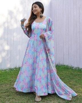 floral print anarkali kurta pants & dupatta set