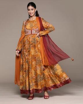 floral print anarkali kurta set with dupatta