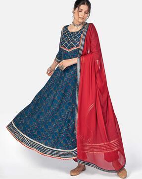 floral print anarkali kurta set with dupatta