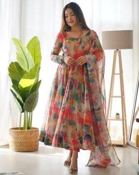 floral print anarkali kurta set with dupatta