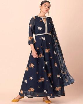 floral print anarkali kurta with attached dupatta