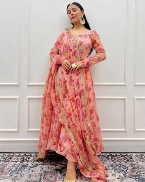 floral print anarkali kurta with dupatta