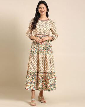 floral print anarkali kurta with embroidery