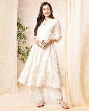 floral print anarkali kurta with mandarin collar