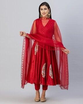 floral print anarkali kurta with narrow pants & dupatta