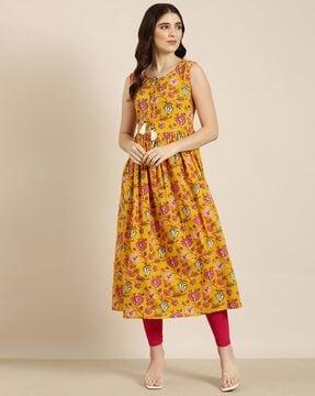 floral print anarkali kurta with neck tie-up detail