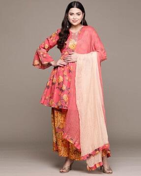 floral print anarkali kurta with palazzos & dupatta