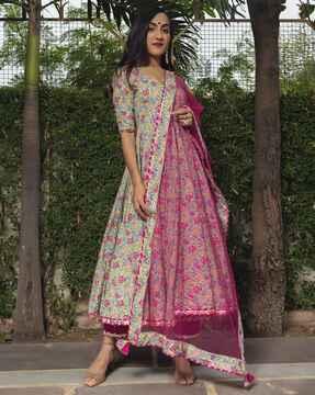 floral print anarkali kurta with palazzos & dupatta