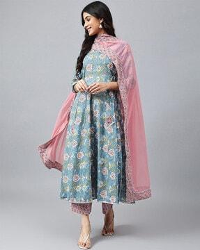 floral print anarkali kurta with palazzos & dupatta