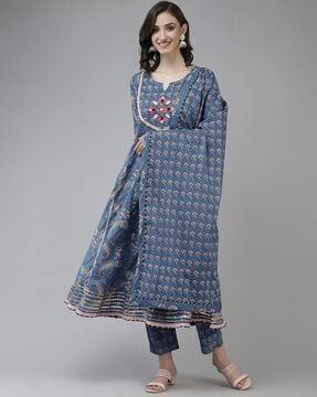 floral print anarkali kurta with pants & dupatta set