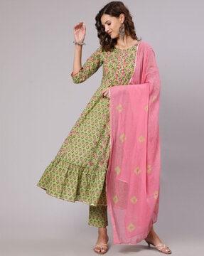 floral print anarkali kurta with pants & dupatta