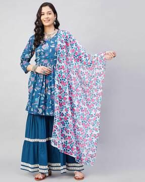 floral print anarkali kurta with pants & dupatta