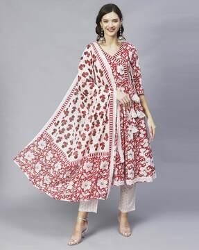 floral print anarkali kurta with pants & dupatta