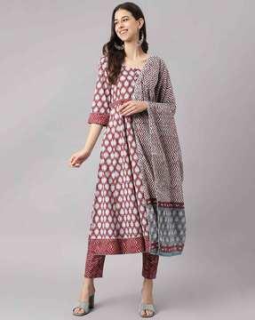 floral print anarkali kurta with pants & dupatta