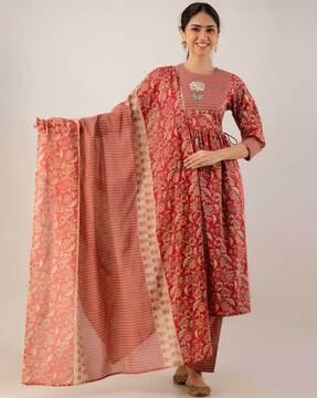 floral print anarkali kurta with pants & dupatta