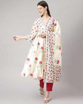 floral print anarkali kurta with pants & dupatta