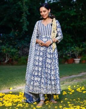 floral print anarkali kurta with pants & dupatta