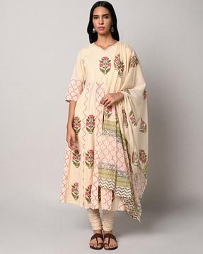 floral print anarkali kurta with pants & dupatta