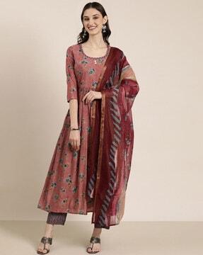 floral print anarkali kurta with pants & dupatta