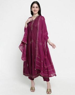 floral print anarkali kurta with pants & dupatta