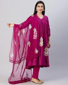 floral print anarkali kurta with pants & dupatta