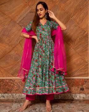 floral print anarkali kurta with pants & dupatta