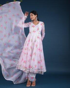 floral print anarkali kurta with pants & dupatta