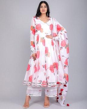 floral print anarkali kurta with pants & dupatta