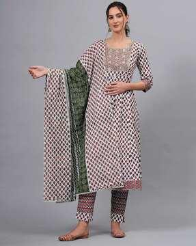 floral print anarkali kurta with pants & dupatta