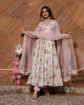 floral print anarkali kurta with pants & dupatta