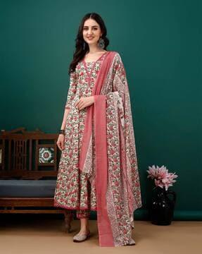 floral print anarkali kurta with pants & dupatta