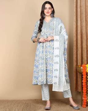 floral print anarkali kurta with pants & dupatta