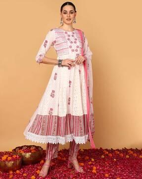 floral print anarkali kurta with pants & dupatta