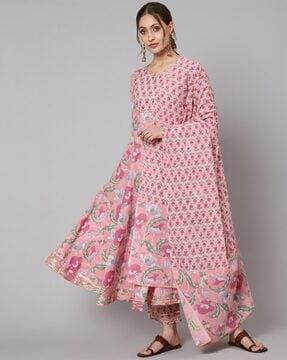 floral print anarkali kurta with pants and dupatta