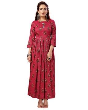 floral print anarkali kurta with tassels detail