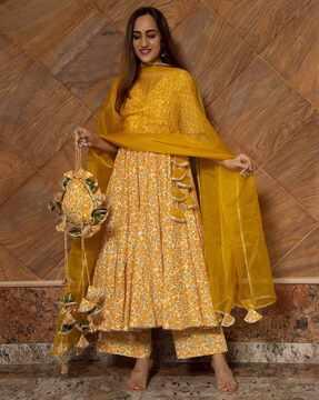 floral print angrakha kurta with palazzos & dupatta